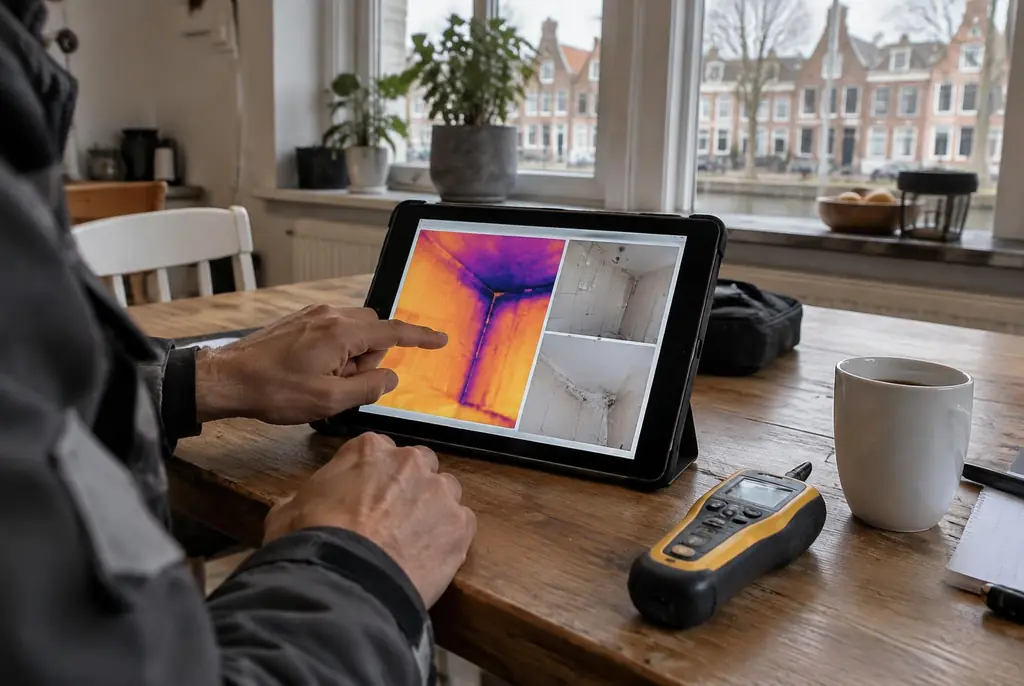 Lekdetectie Kampen – lekdetectierapport met warmtebeelden en foto's op een tablet