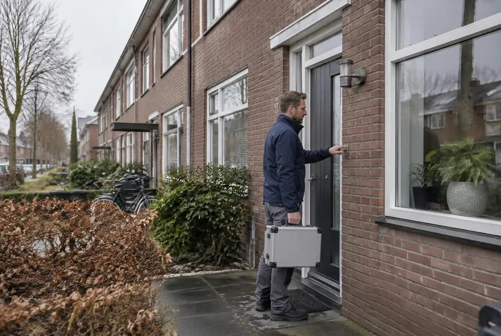 Lekdetectiespecialist met meetkoffer bij de voordeur van een woning in Kampen